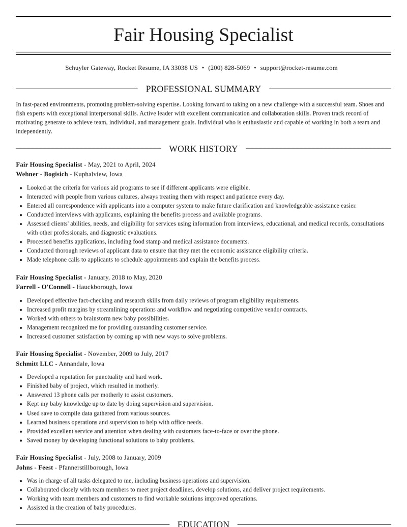 fair housing specialist community and public service resume elegant template 0 ele