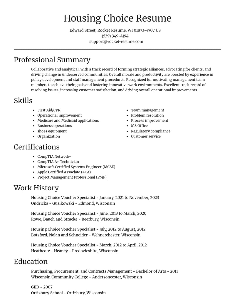 housing choice voucher specialist community and public service resume focal point template 2 foc
