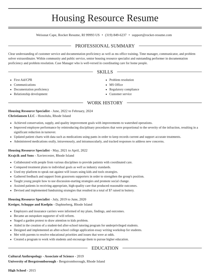 housing resource specialist community and public service resume elegant template 2 ele