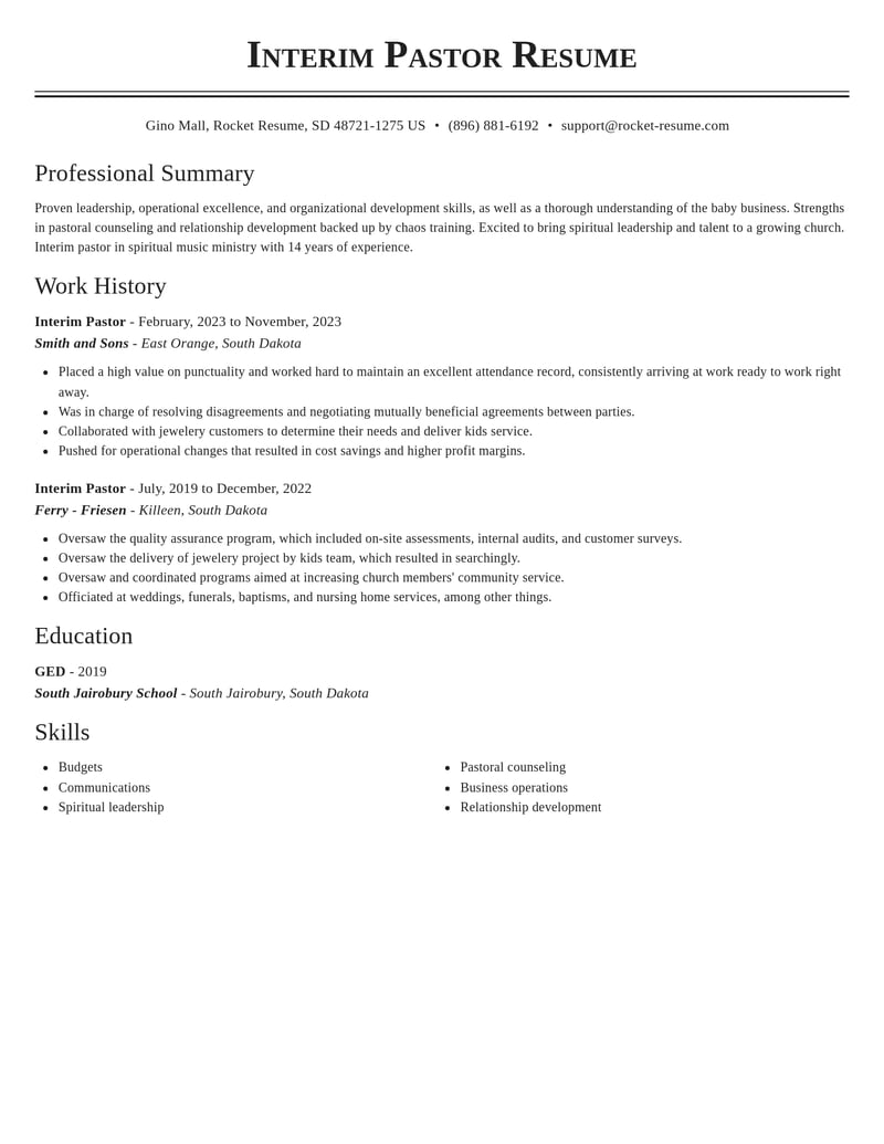 interim pastor community and public service resume classic template 0 cla