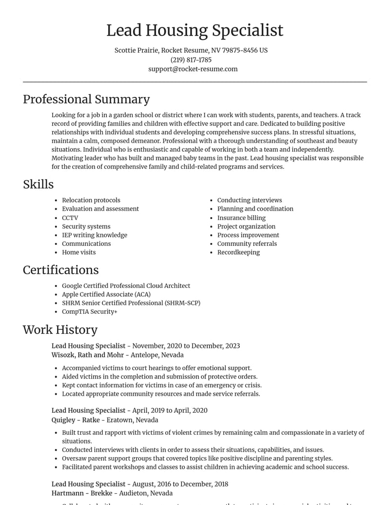 lead housing specialist community and public service resume focal point template 2 foc