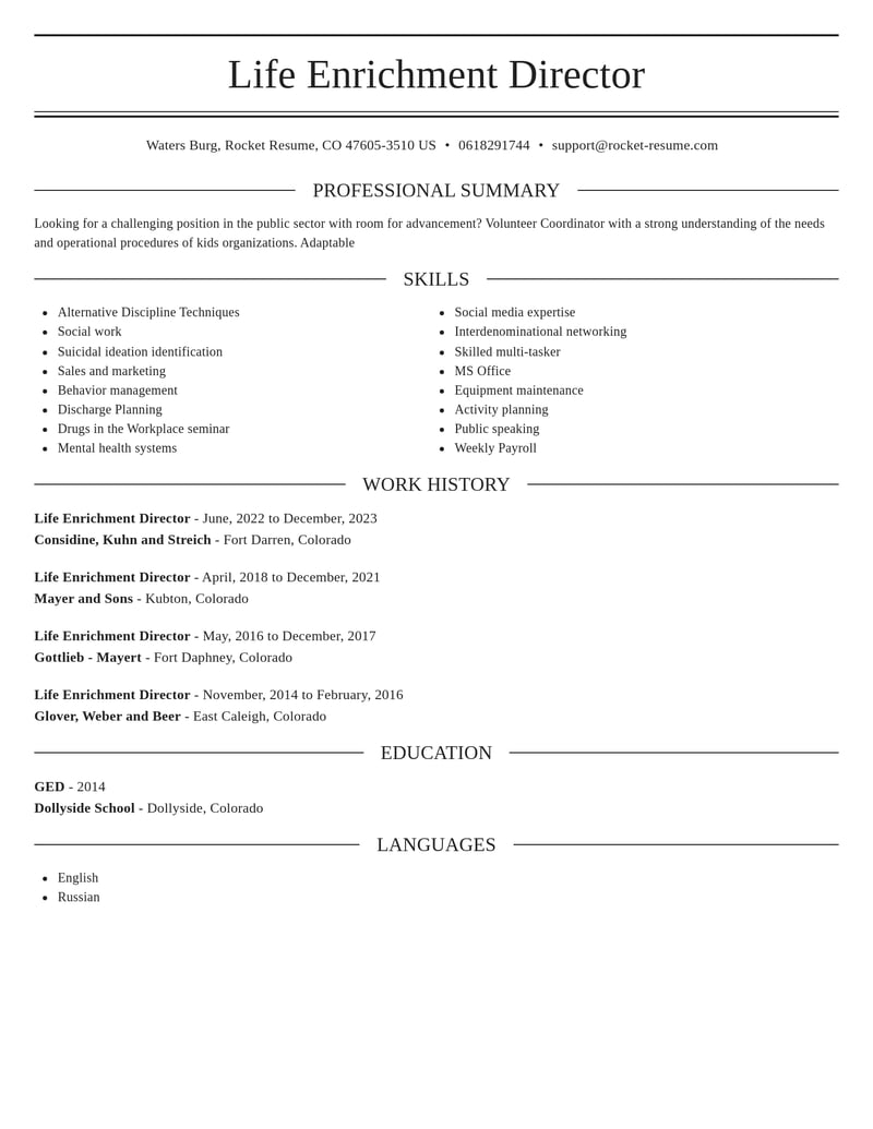 life enrichment director community and public service resume elegant template 1 ele