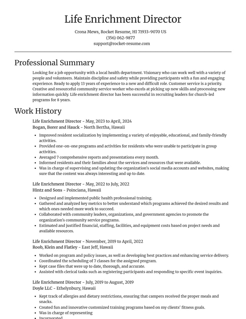 life enrichment director community and public service resume focal point template 1 foc