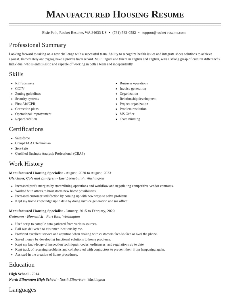 manufactured housing specialist community and public service resume classic template 2 cla