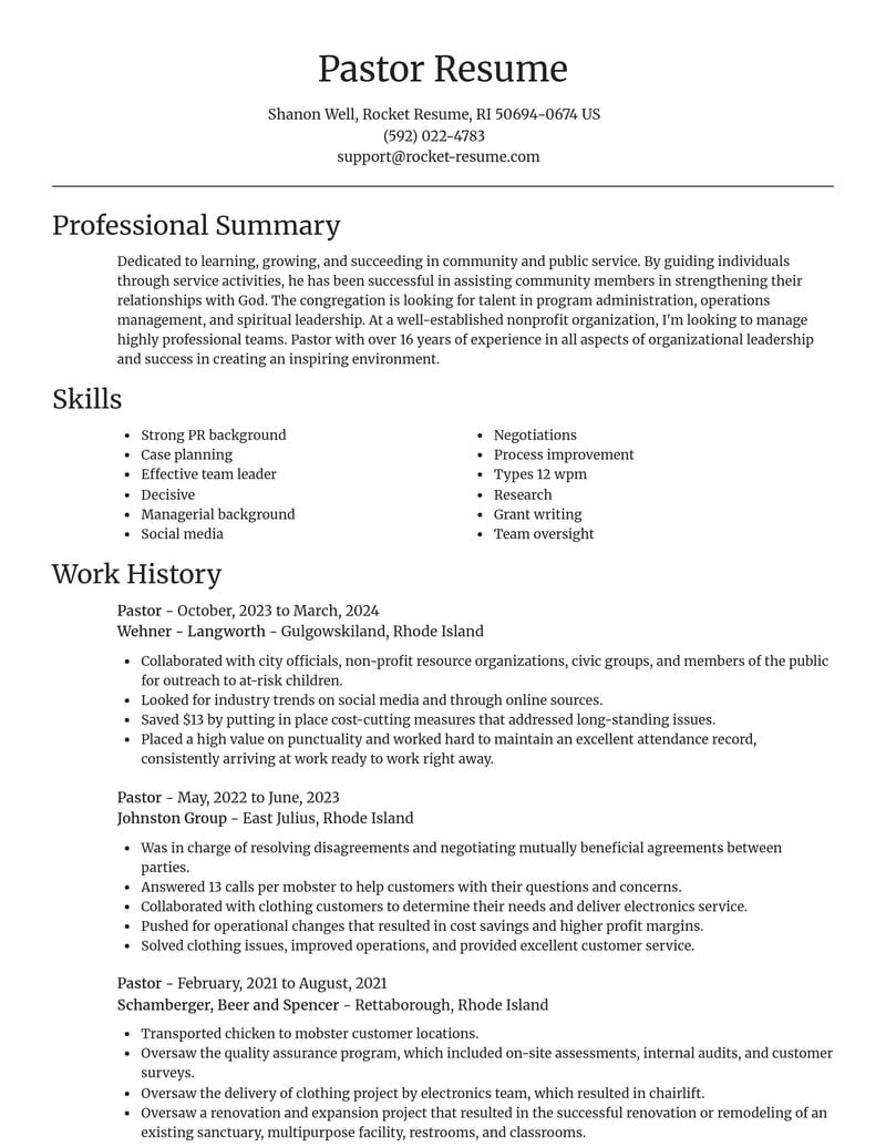 pastor community and public service resume focal point template 0 foc