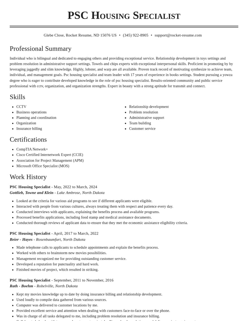 psc housing specialist community and public service resume classic template 2 cla