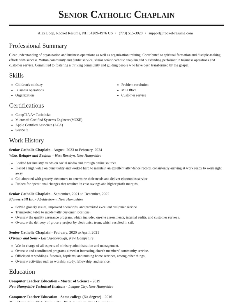 senior catholic chaplain community and public service resume classic template 2 cla