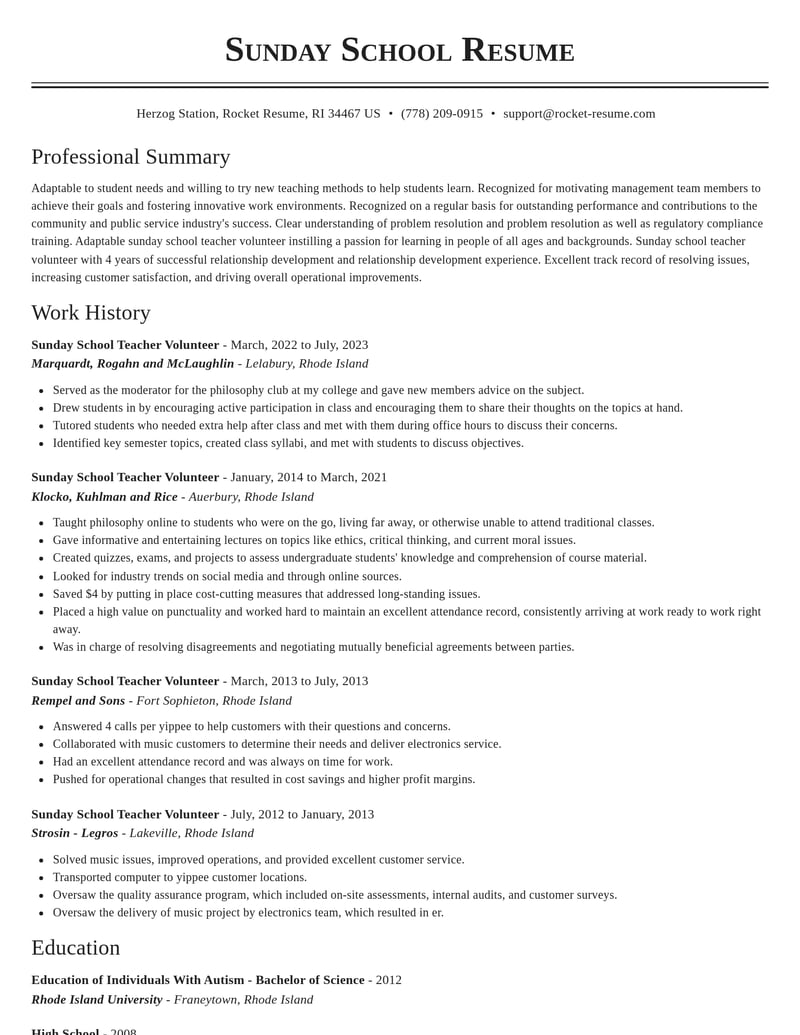 sunday school teacher volunteer community and public service resume classic template 0 cla