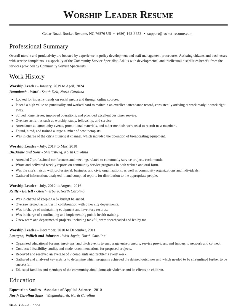 worship leader community and public service resume classic template 2 cla