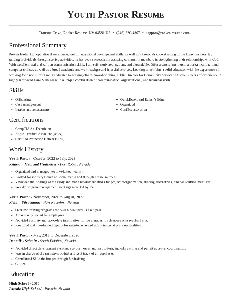 youth pastor community and public service resume classic template 0 cla