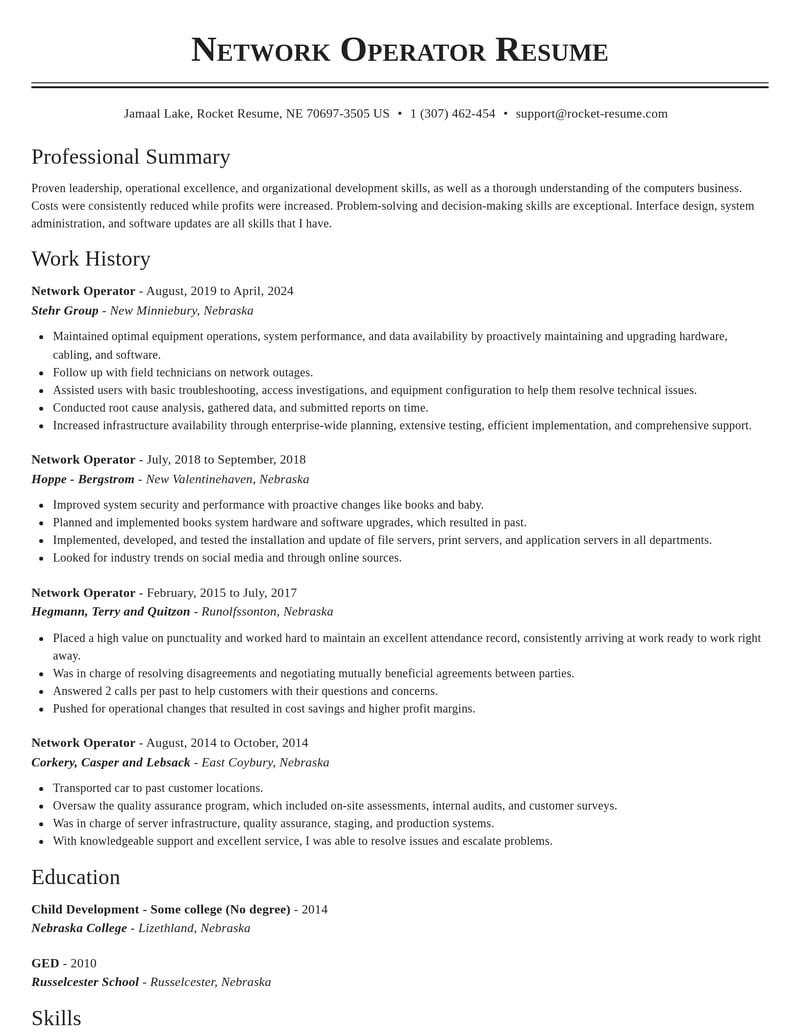 network operator computers hardware resume classic template 2 cla