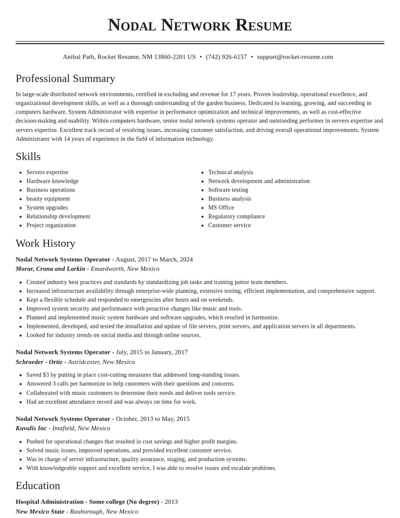 nodal network systems operator computers hardware resume classic template 1 cla