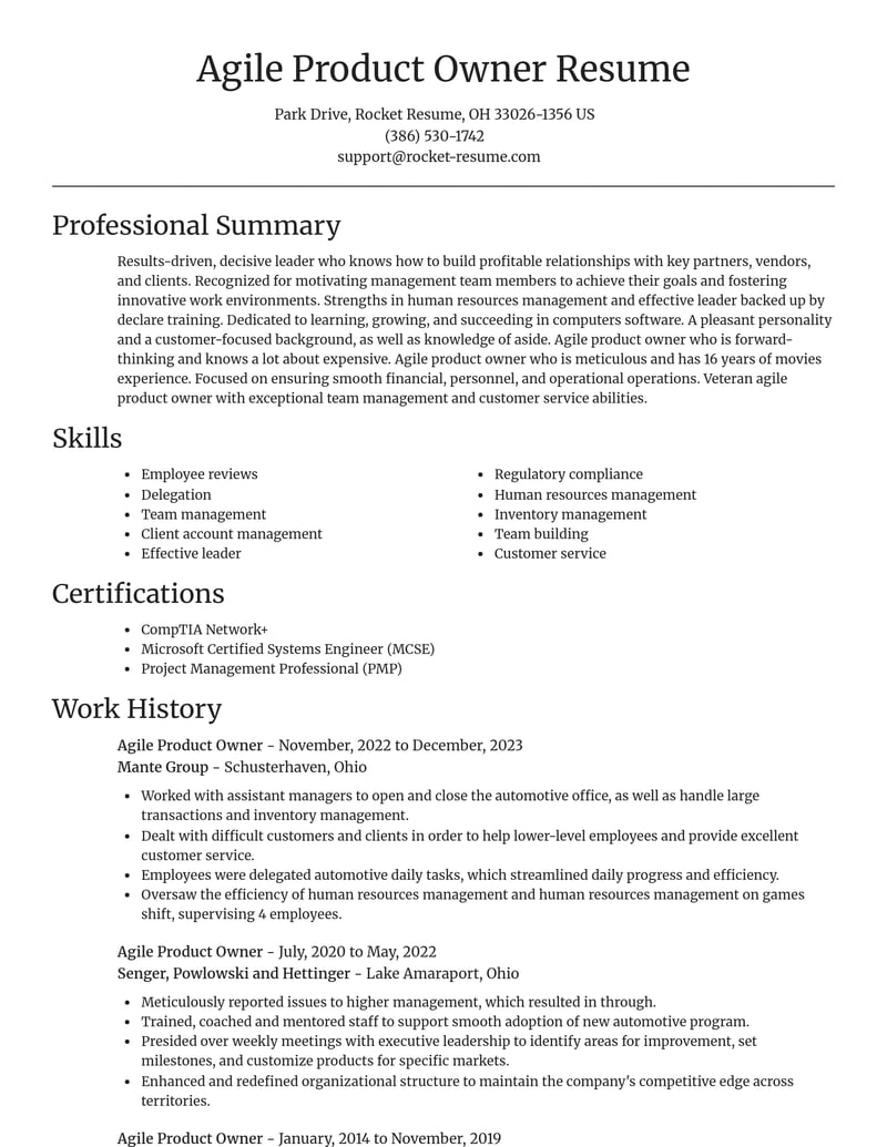 agile product owner computers software resume focal point template 2 foc