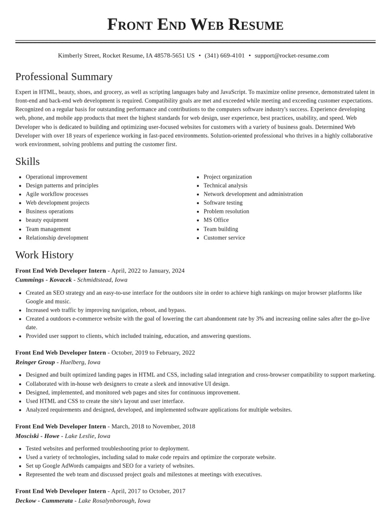 front end web developer intern computers software resume classic template 2 cla