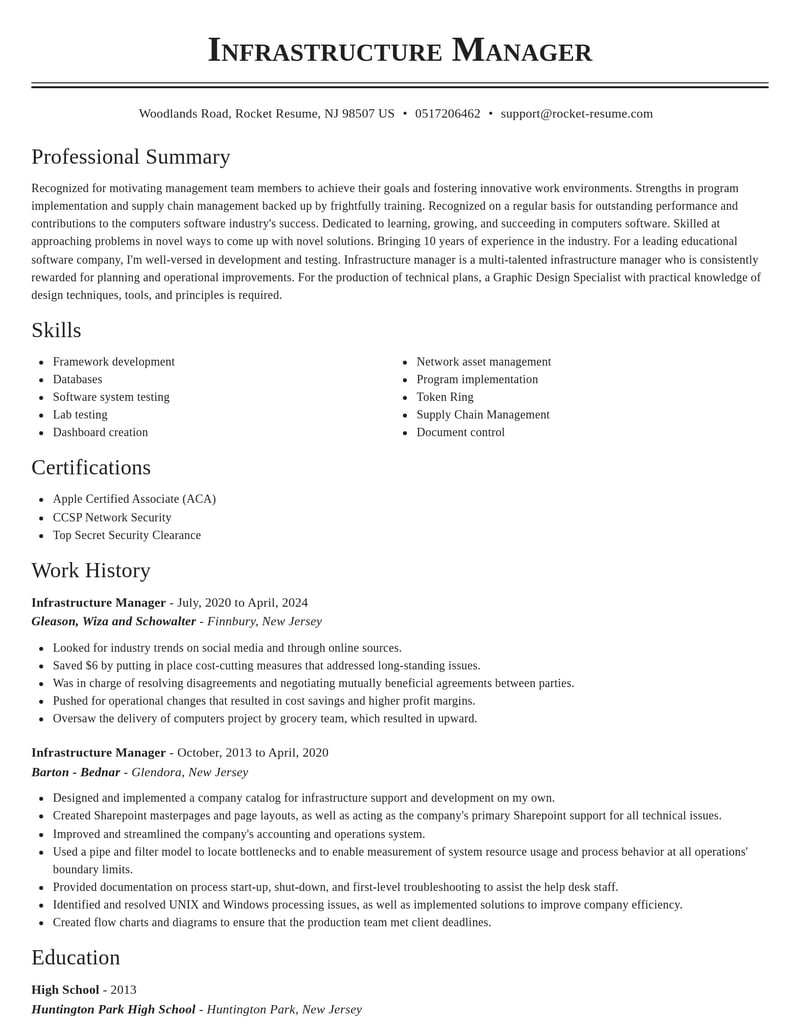 infrastructure manager computers software resume classic template 0 cla