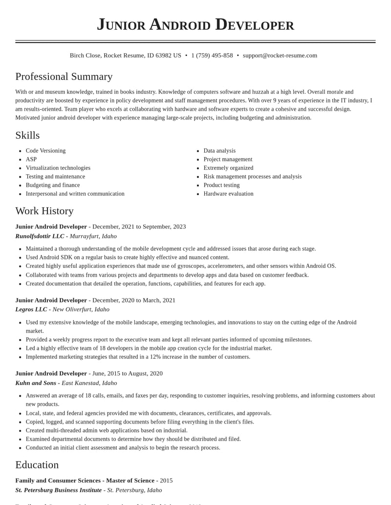junior android developer computers software resume classic template 0 cla