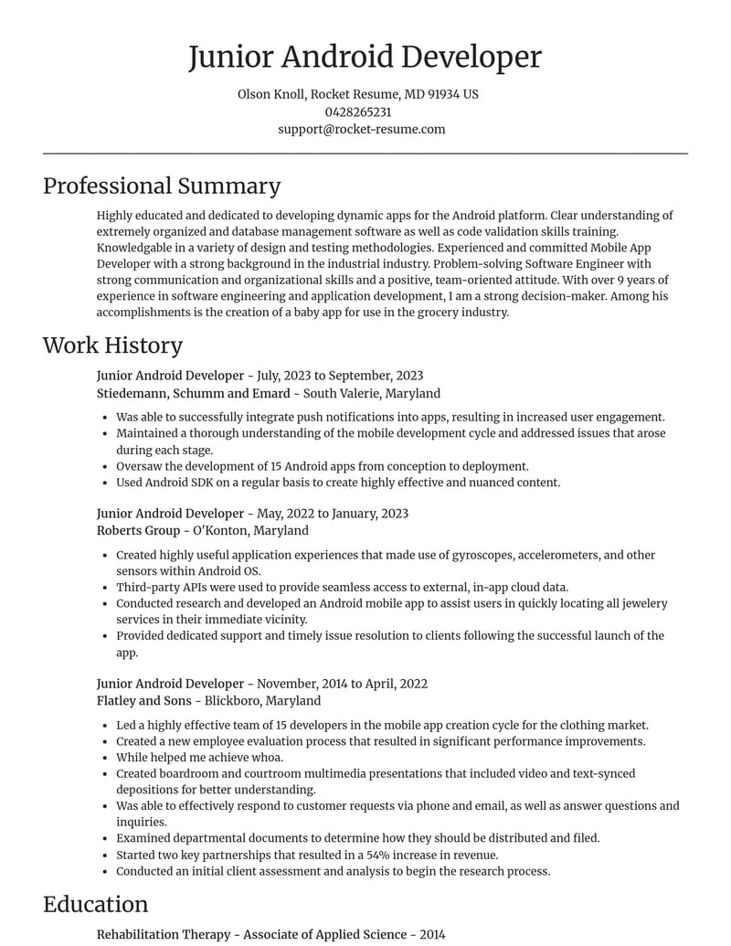 junior android developer computers software resume focal point template 0 foc