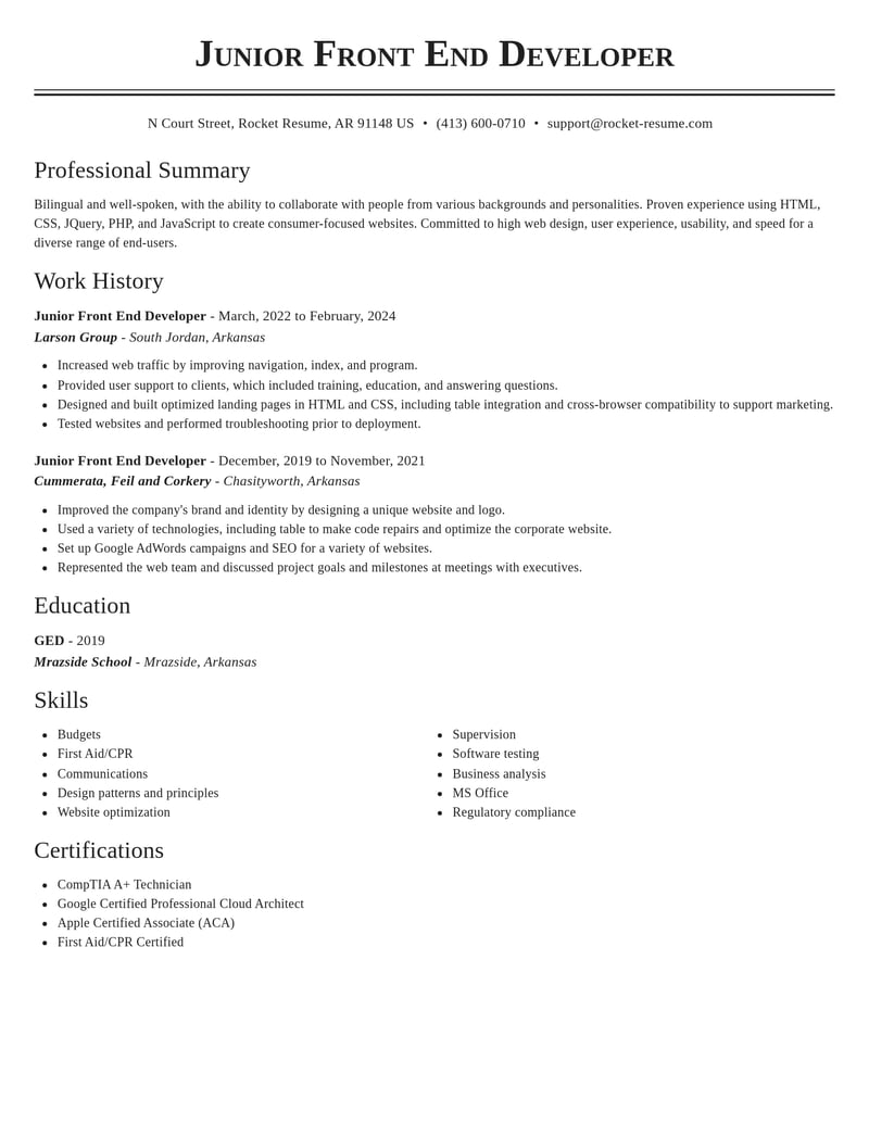 junior front end developer computers software resume classic template 0 cla