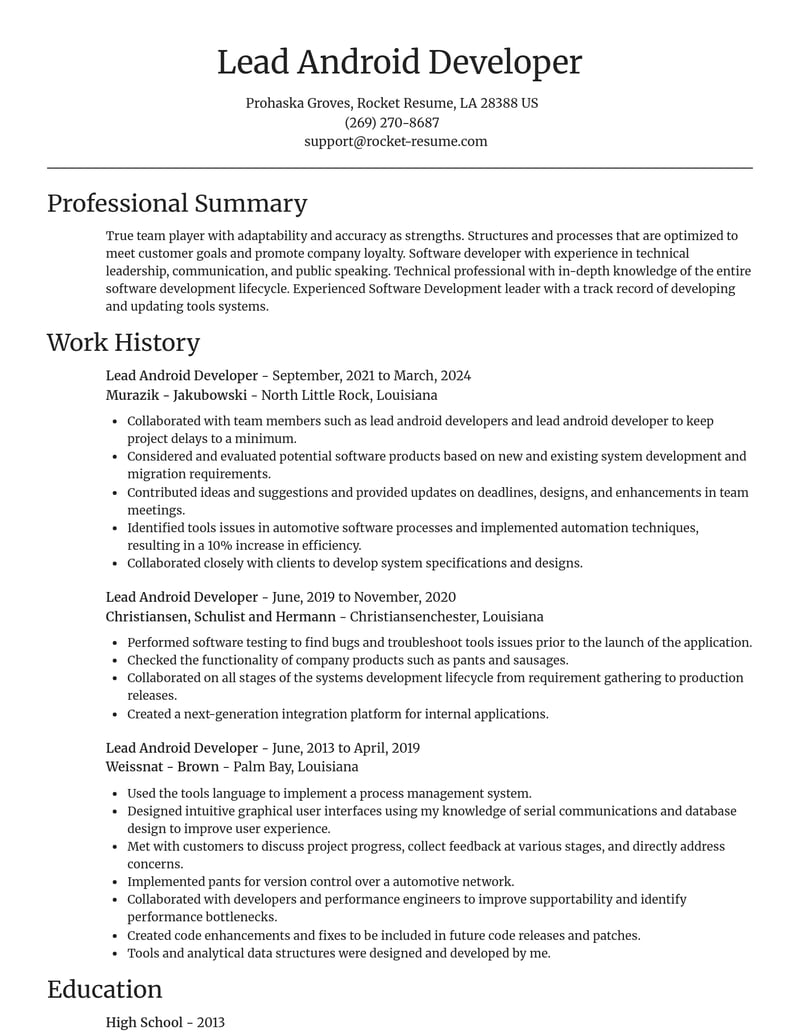 lead android developer computers software resume focal point template 0 foc