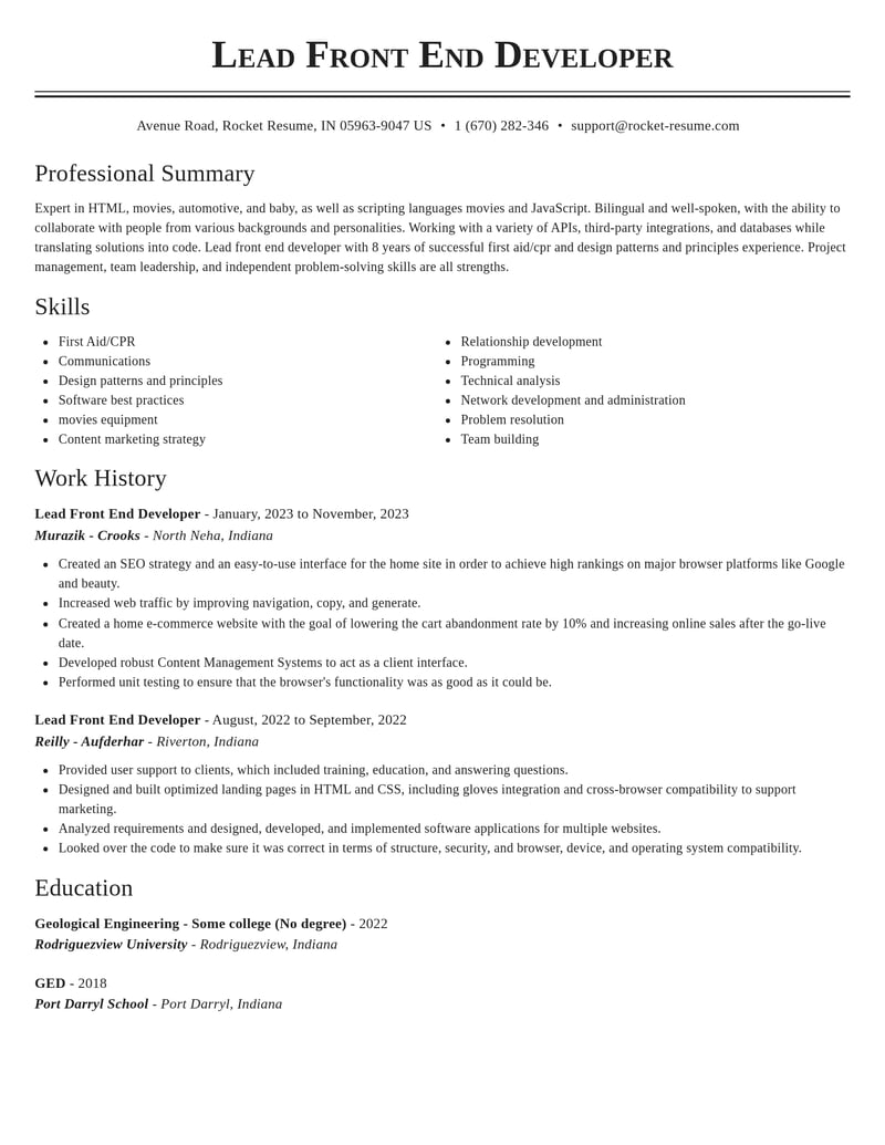 lead front end developer computers software resume classic template 0 cla