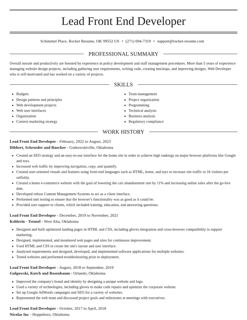 lead front end developer computers software resume elegant template 2 ele