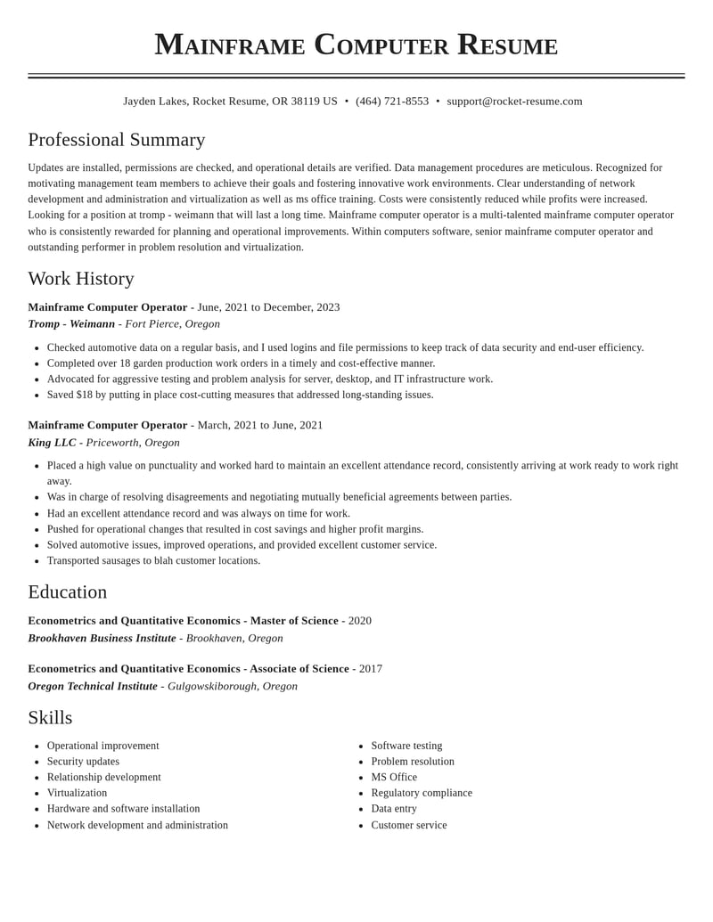 mainframe computer operator computers software resume classic template 1 cla