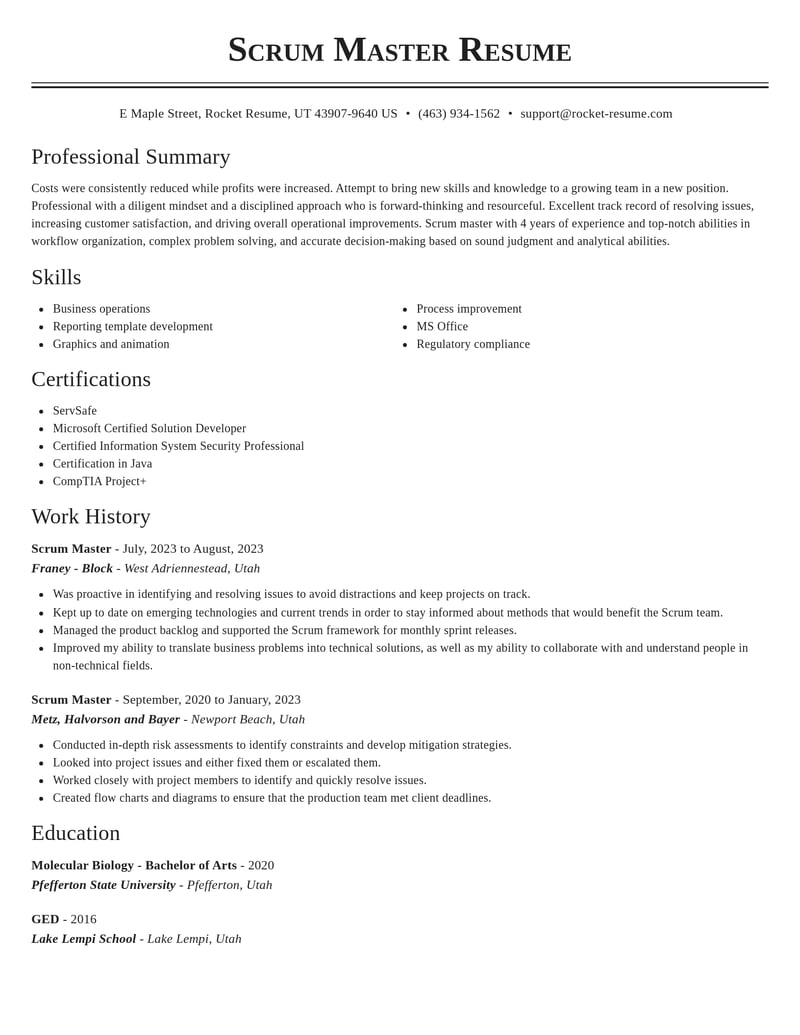 scrum master computers software resume classic template 1 cla