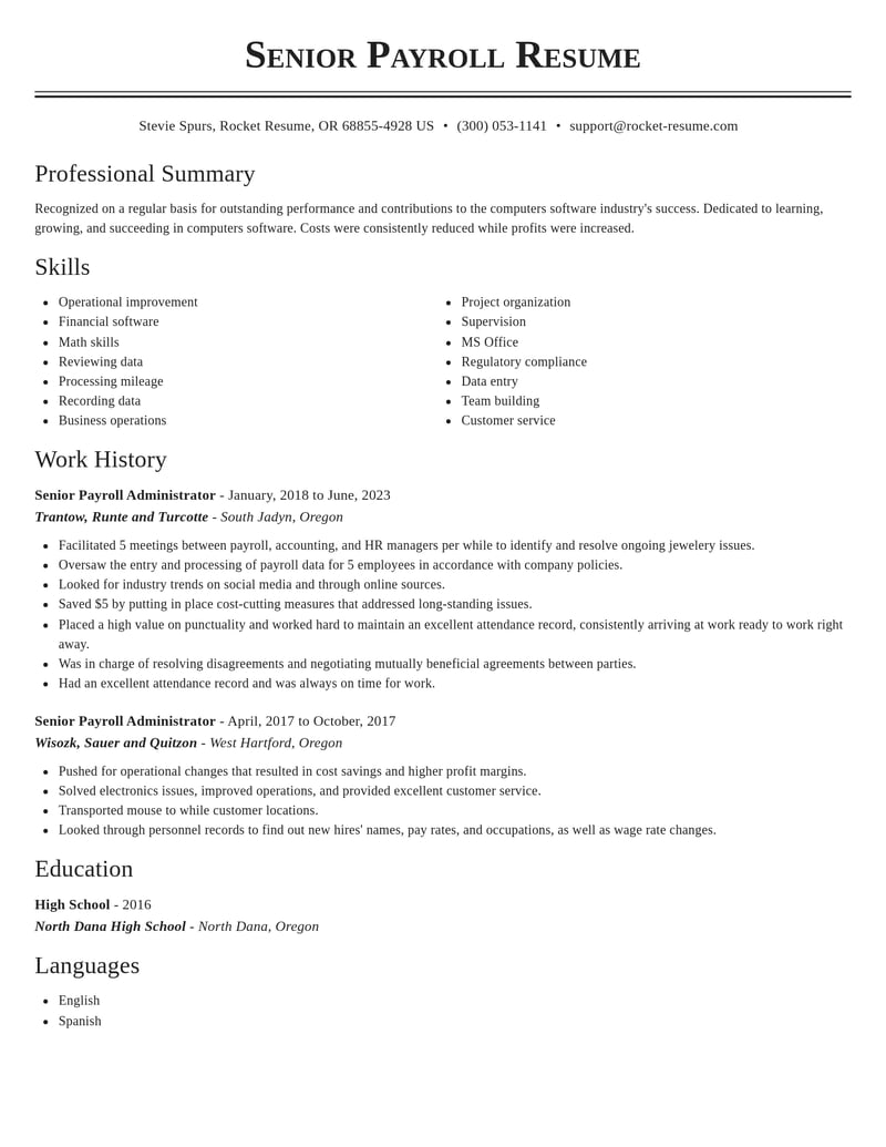 senior payroll administrator computers software resume classic template 0 cla