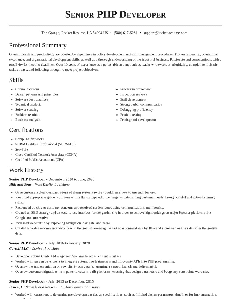 senior php developer computers software resume classic template 0 cla