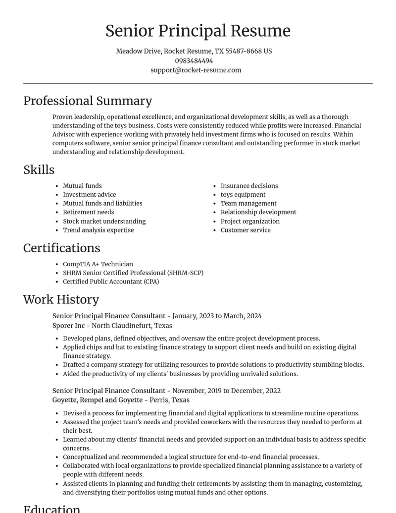 senior principal finance consultant computers software resume focal point template 2 foc