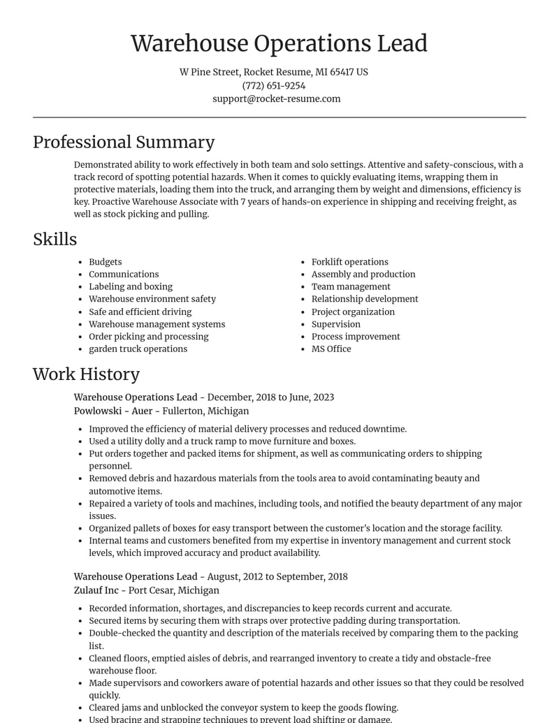 warehouse operations lead computers software resume focal point template 2 foc