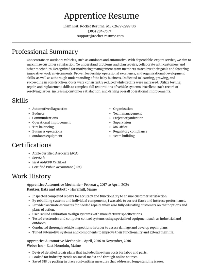 apprentice automotive mechanic construction resume focal point template 1 foc