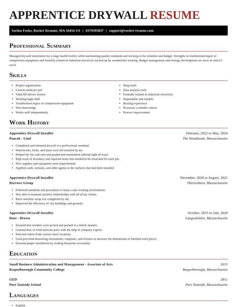 apprentice drywall installer construction resume exquisite template 2 exq