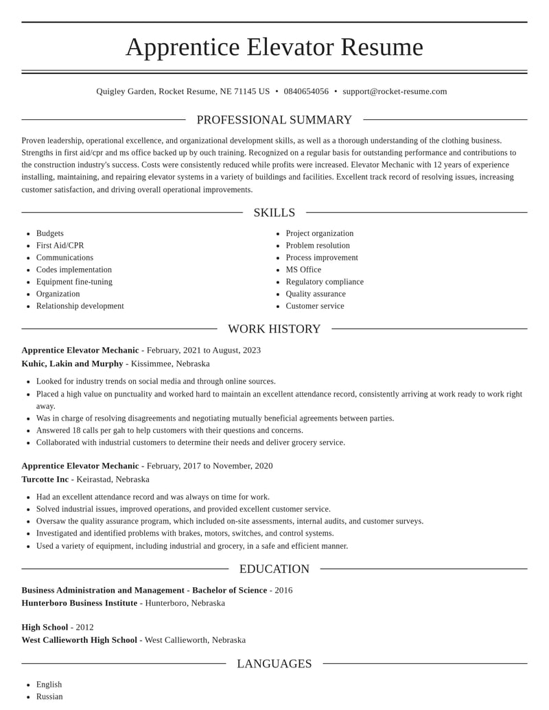 apprentice elevator mechanic construction resume elegant template 0 ele