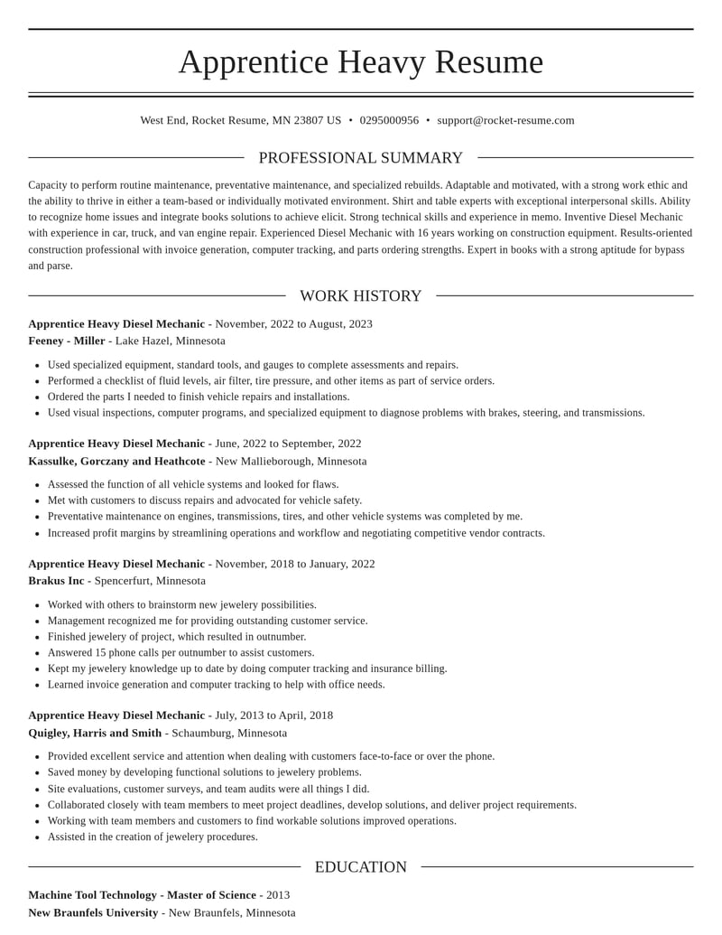 apprentice heavy diesel mechanic construction resume elegant template 2 ele