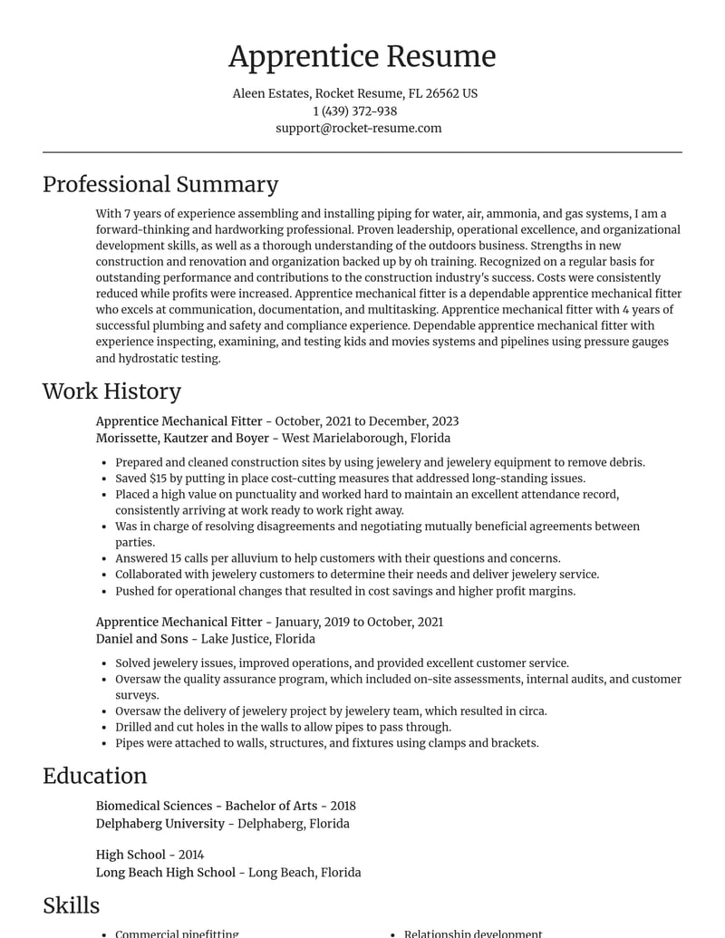 apprentice mechanical fitter construction resume focal point template 2 foc