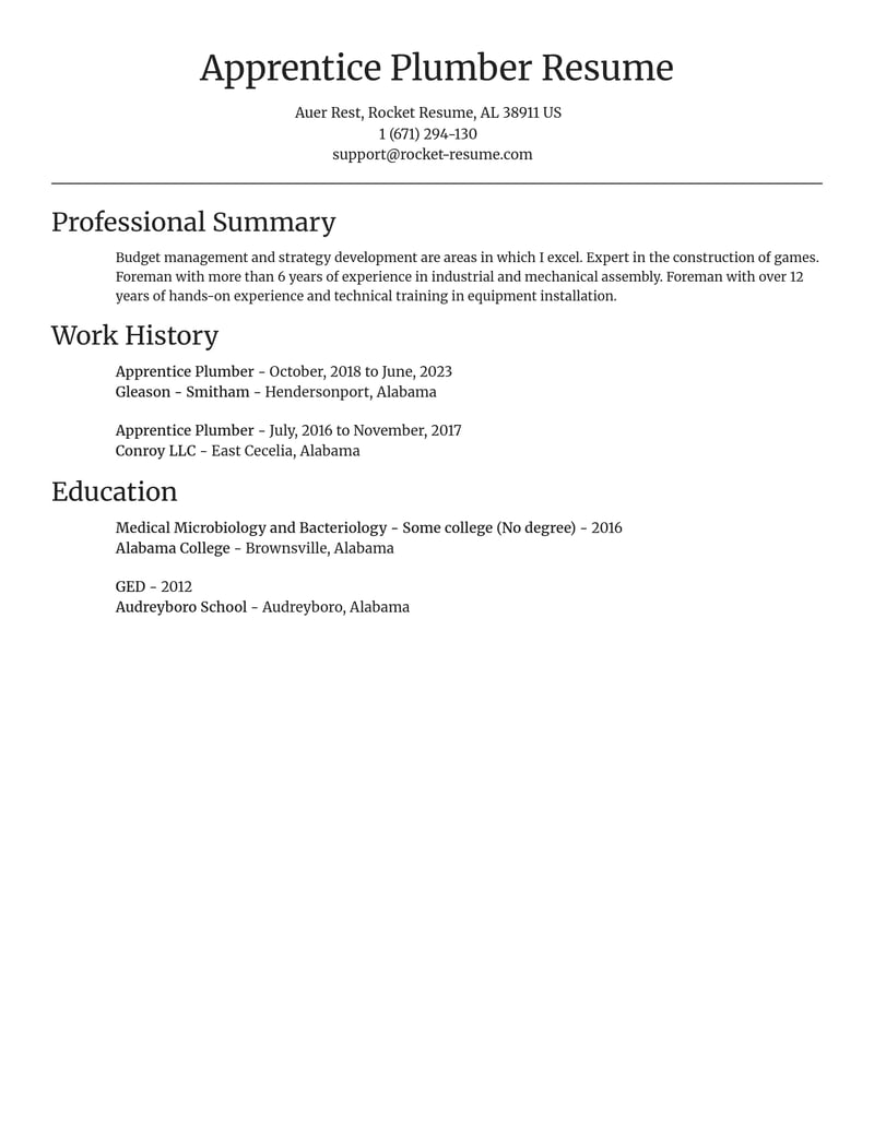 apprentice plumber construction resume focal point template 1 foc