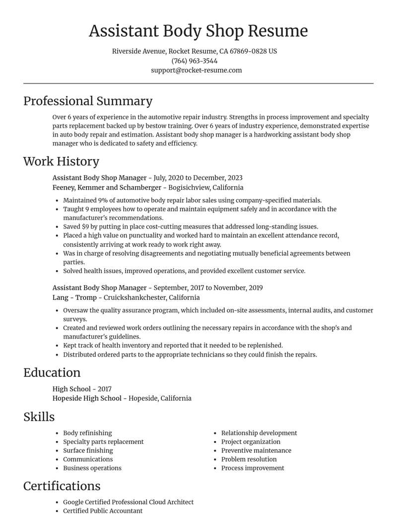 assistant body shop manager construction resume focal point template 0 foc