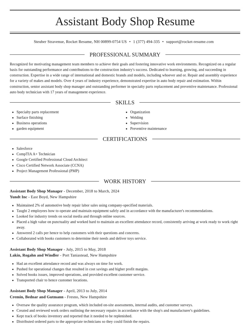 assistant body shop manager construction resume elegant template 1 ele