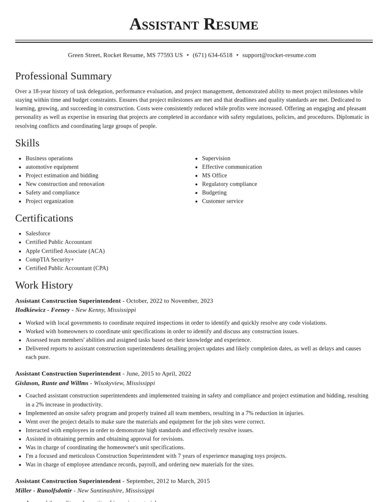 assistant construction superintendent construction resume classic template 1 cla