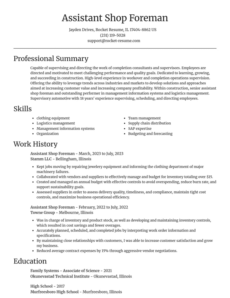 assistant shop foreman construction resume focal point template 0 foc
