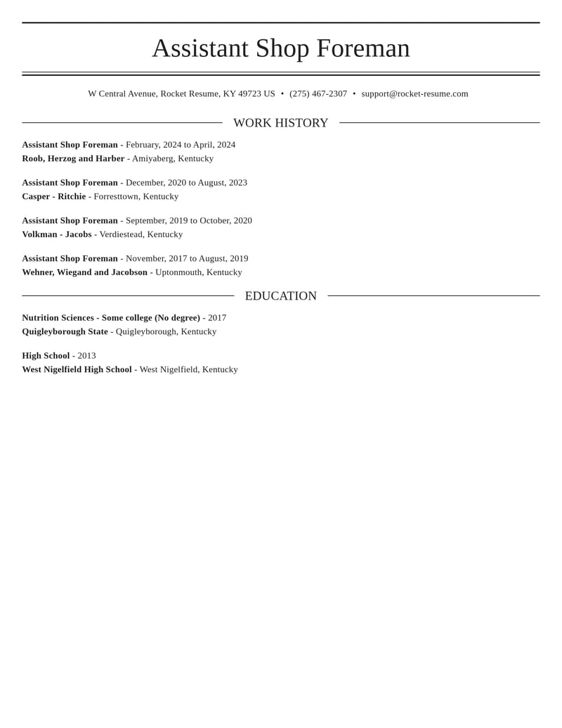 assistant shop foreman construction resume elegant template 2 ele