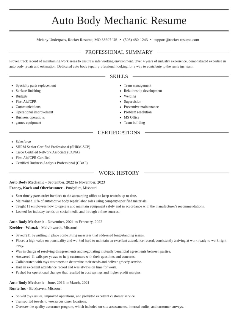 auto body mechanic construction resume elegant template 2 ele