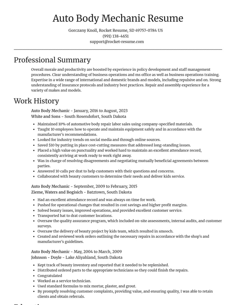auto body mechanic construction resume focal point template 2 foc