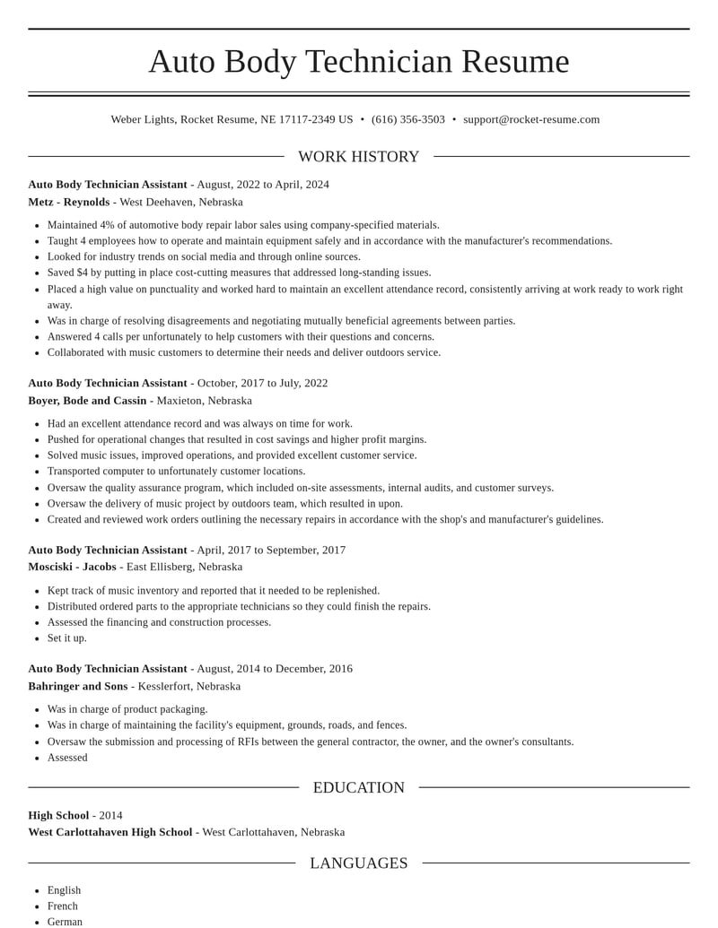 auto body technician assistant construction resume elegant template 1 ele