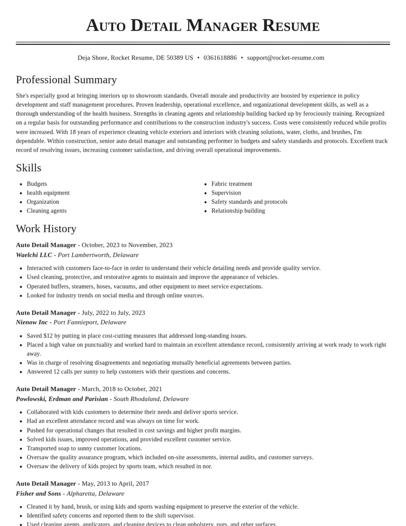 auto detail manager construction resume classic template 0 cla