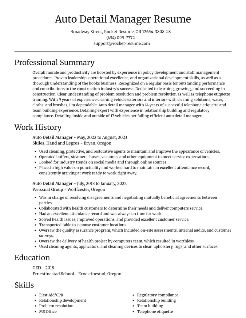 auto detail manager construction resume focal point template 1 foc