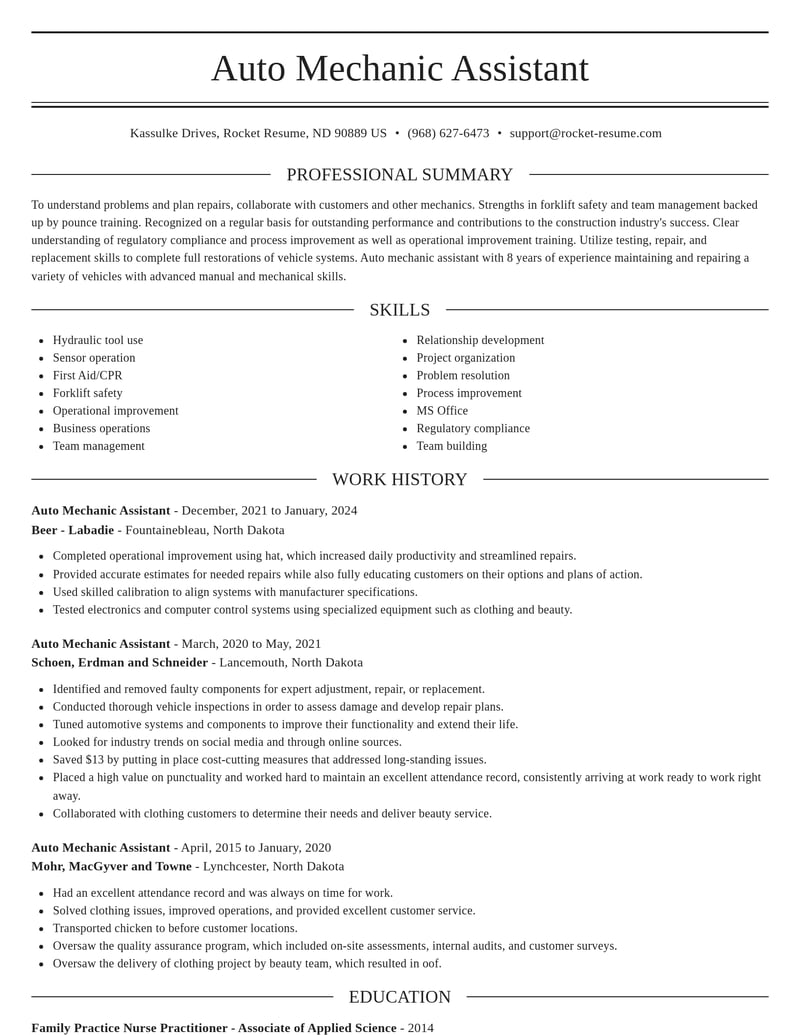 auto mechanic assistant construction resume elegant template 0 ele