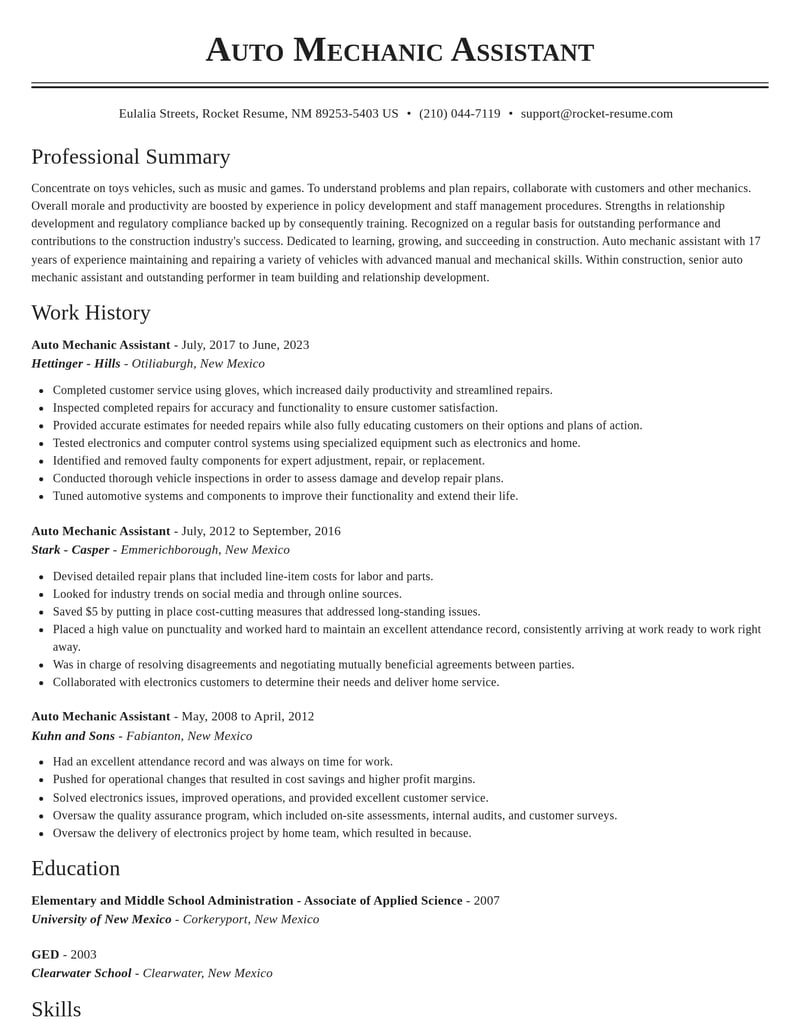auto mechanic assistant construction resume classic template 1 cla