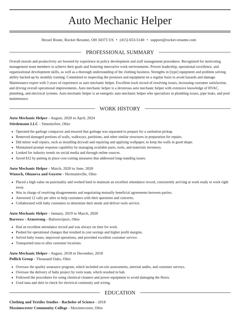 auto mechanic helper construction resume elegant template 1 ele